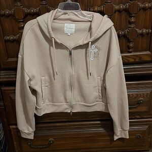 Women's Tan Bomber Jacket with Cross Detail